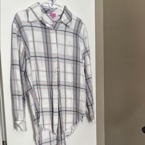 Oversized Flannel Plaid Shirt in White, Purple, and Gray
